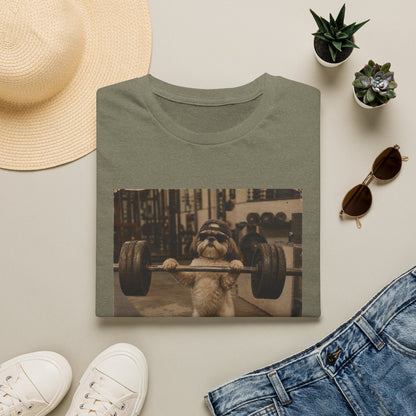 Strong Dog Lifting Barbell T-Shirt | Cute Gym Animal Graphic Tee