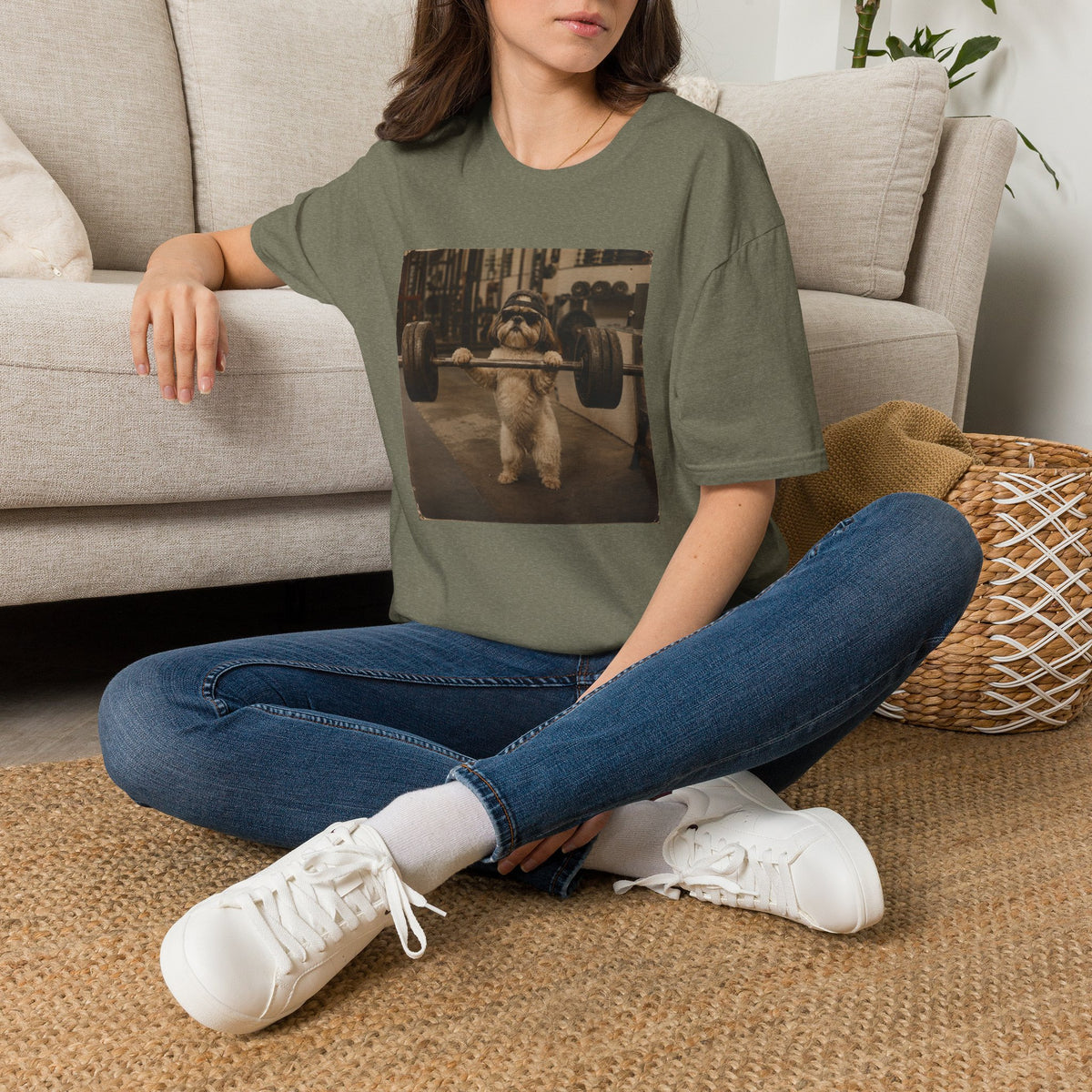 Strong Dog Lifting Barbell T-Shirt | Cute Gym Animal Graphic Tee