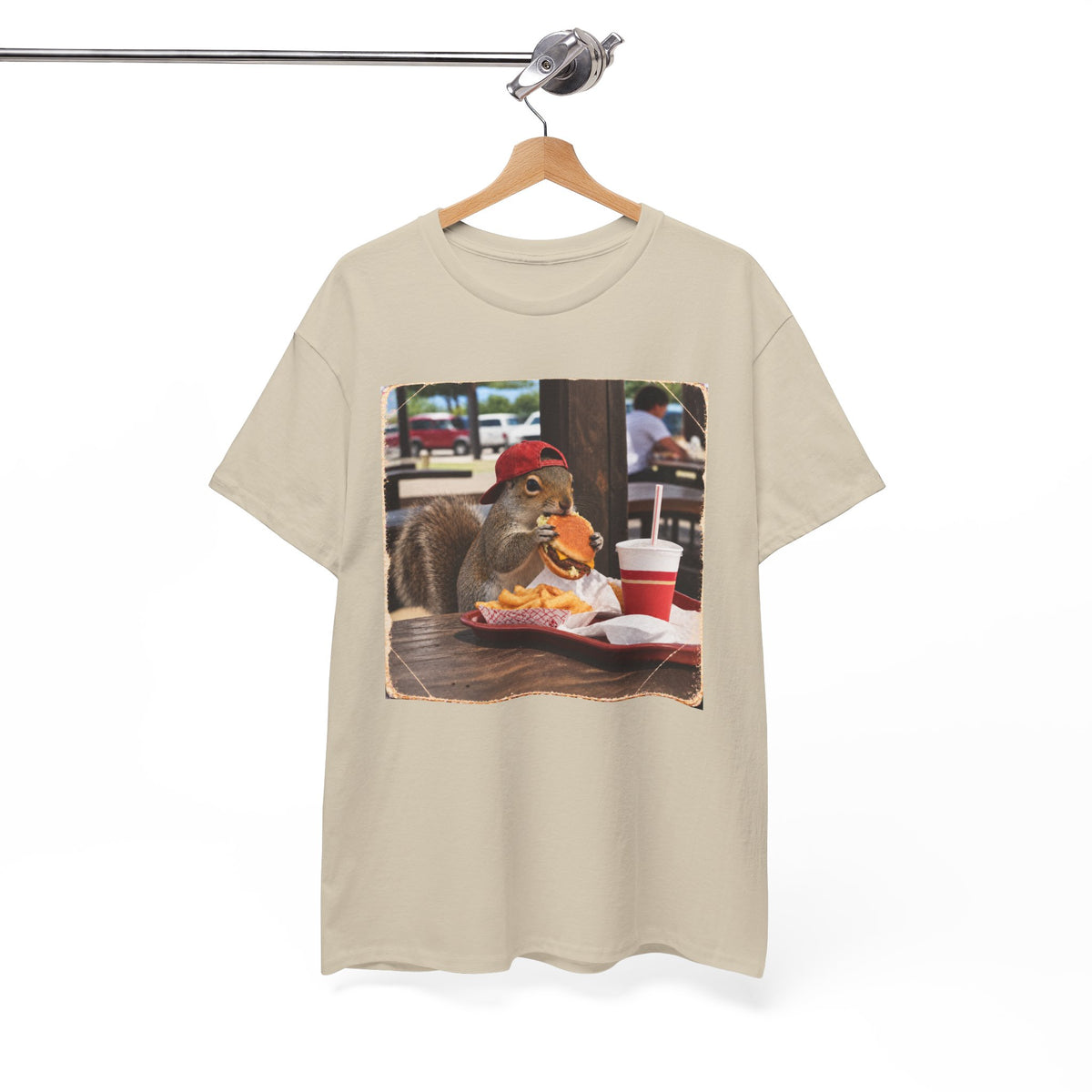 Squirrel Eating Burger T‑Shirt — Funny Animal Photo Tee