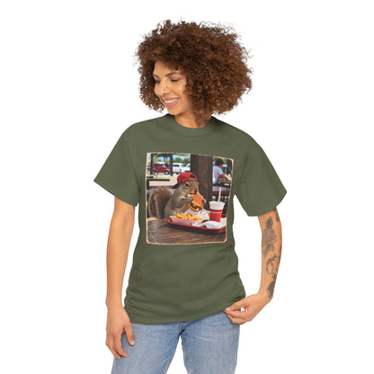 Squirrel Eating Burger T‑Shirt — Funny Animal Photo Tee
