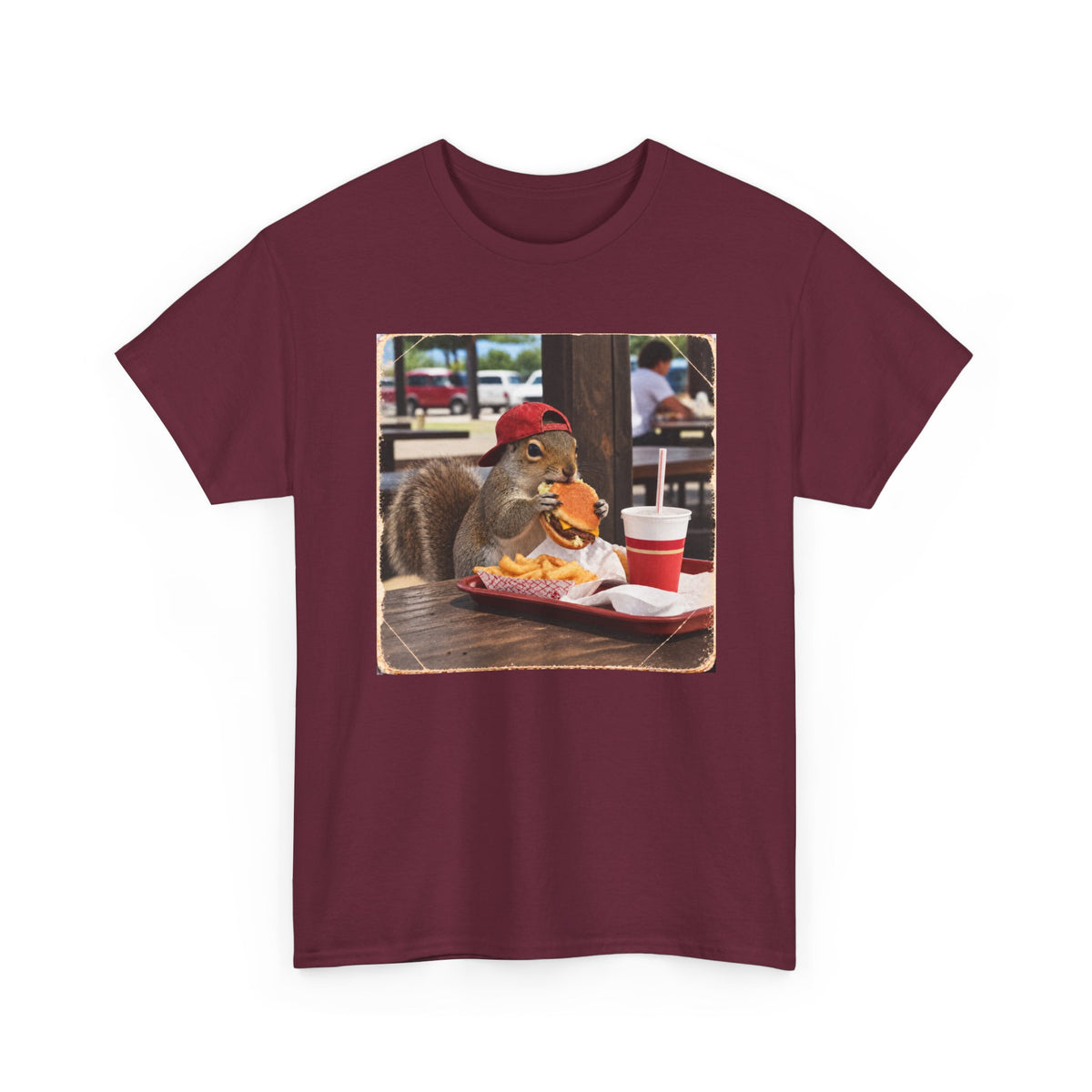 Squirrel Eating Burger T‑Shirt — Funny Animal Photo Tee