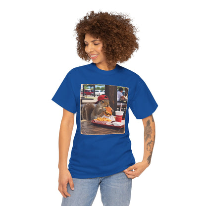 Squirrel Eating Burger T‑Shirt — Funny Animal Photo Tee
