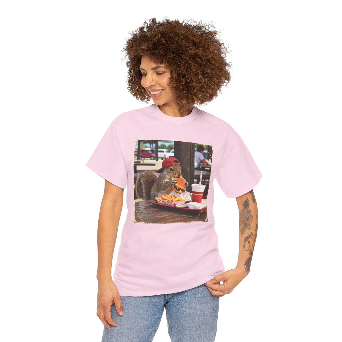 Squirrel Eating Burger T‑Shirt — Funny Animal Photo Tee