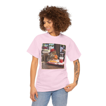 Squirrel Eating Burger T‑Shirt — Funny Animal Photo Tee
