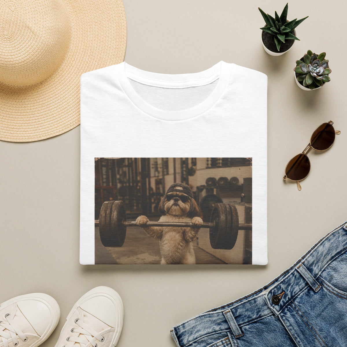Strong Dog Lifting Barbell T-Shirt | Cute Gym Animal Graphic Tee