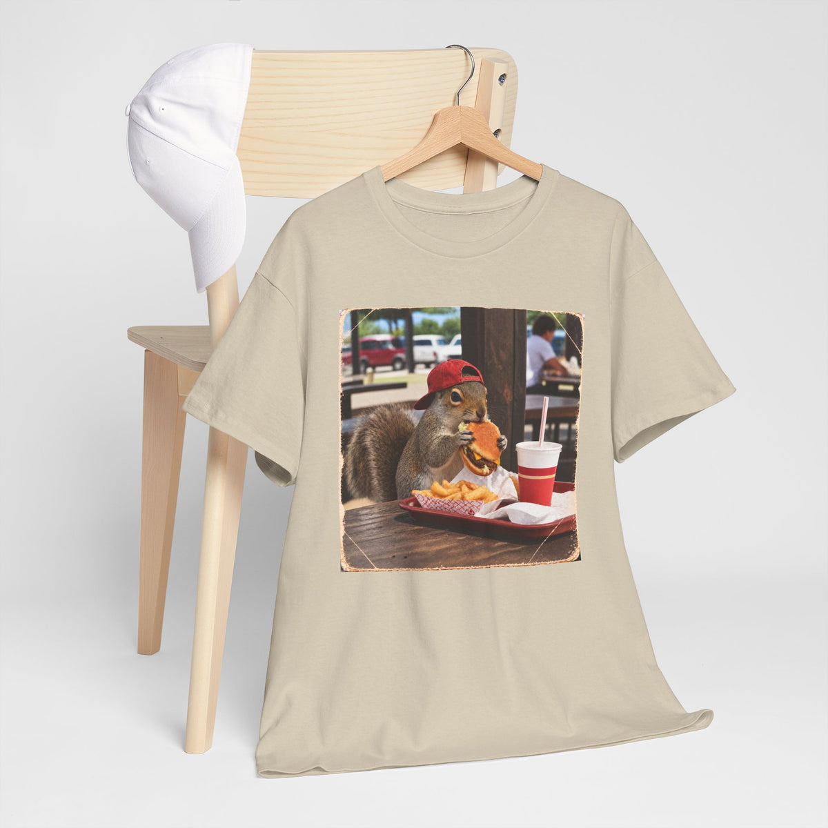 Squirrel Eating Burger T‑Shirt — Funny Animal Photo Tee