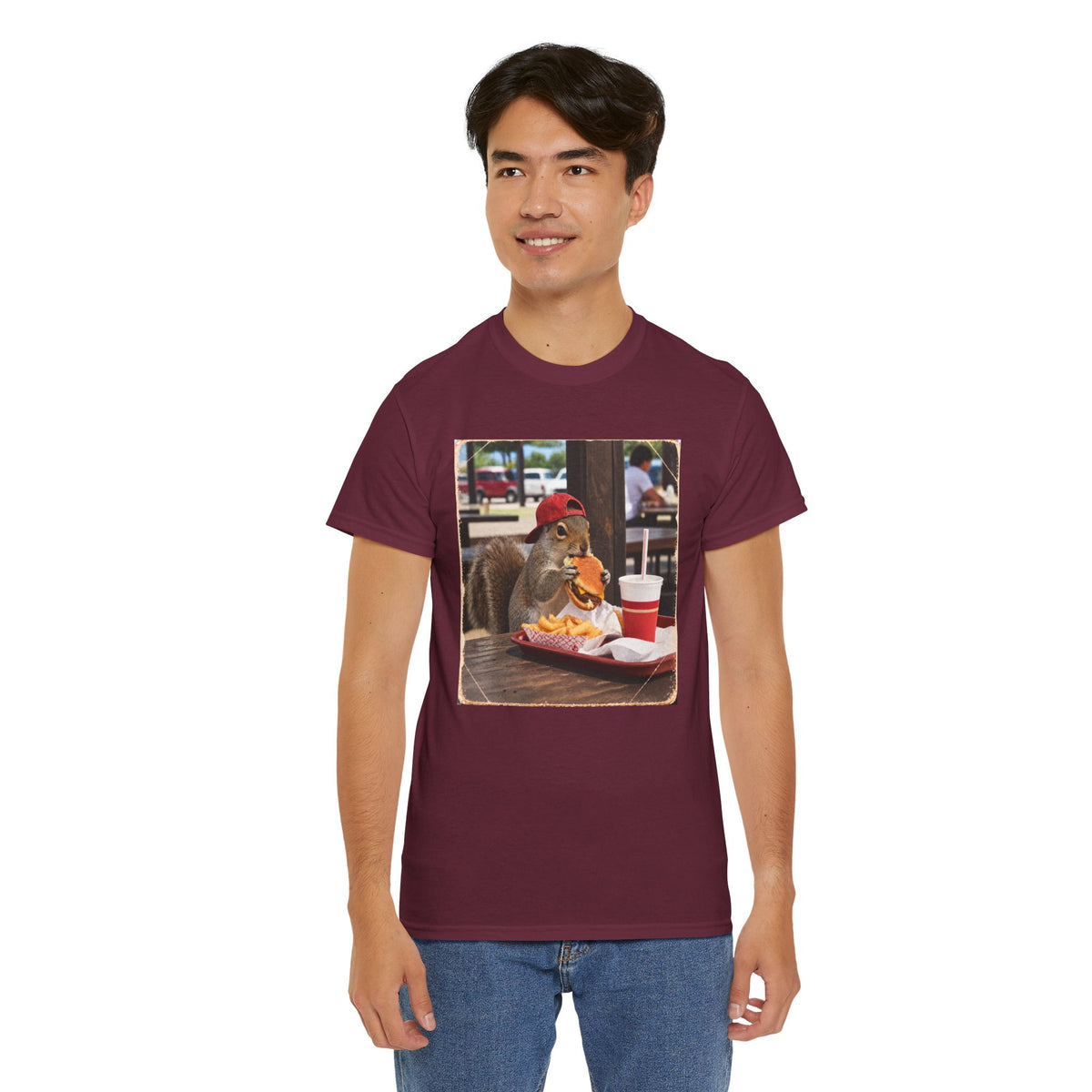 Squirrel Eating Burger T‑Shirt — Funny Animal Photo Tee