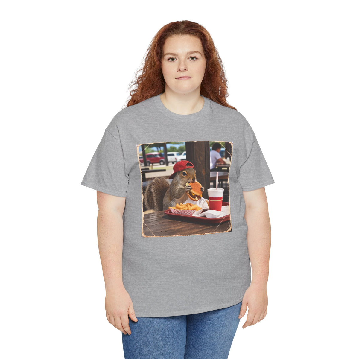 Squirrel Eating Burger T‑Shirt — Funny Animal Photo Tee