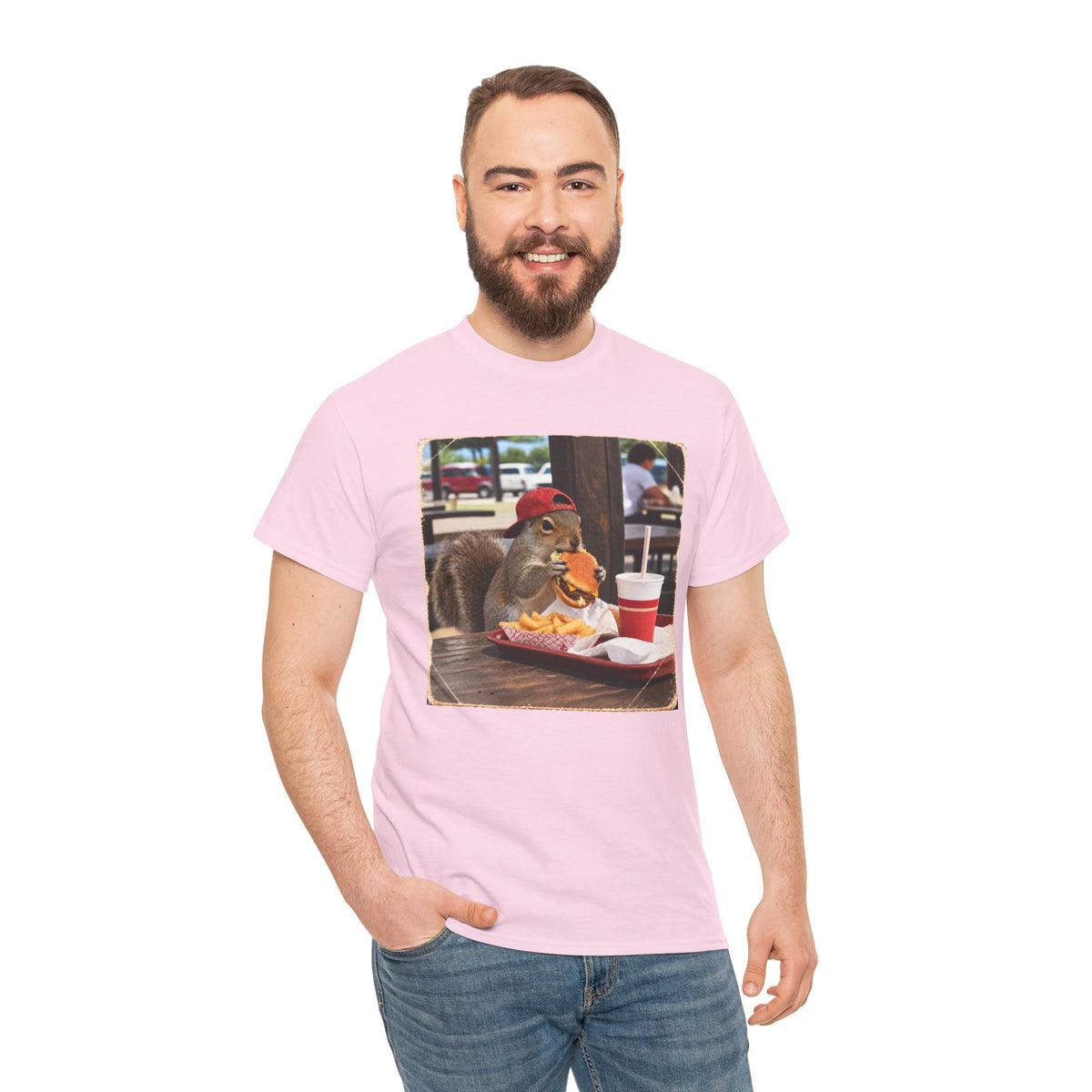 Squirrel Eating Burger T‑Shirt — Funny Animal Photo Tee