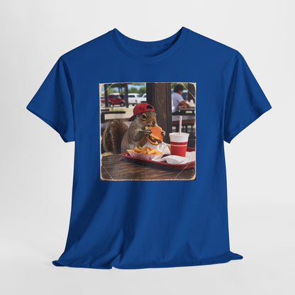 Squirrel Eating Burger T‑Shirt — Funny Animal Photo Tee