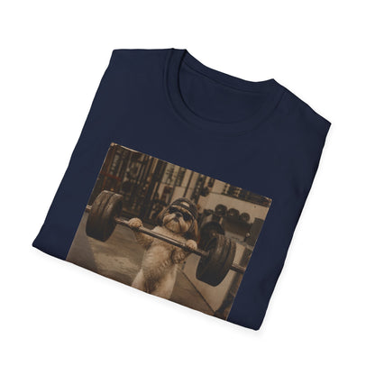 Strong Dog Lifting Barbell T-Shirt | Cute Gym Animal Graphic Tee