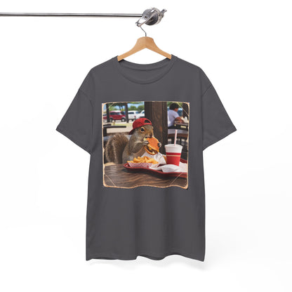 Squirrel Eating Burger T‑Shirt — Funny Animal Photo Tee