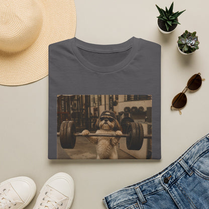 Strong Dog Lifting Barbell T-Shirt | Cute Gym Animal Graphic Tee