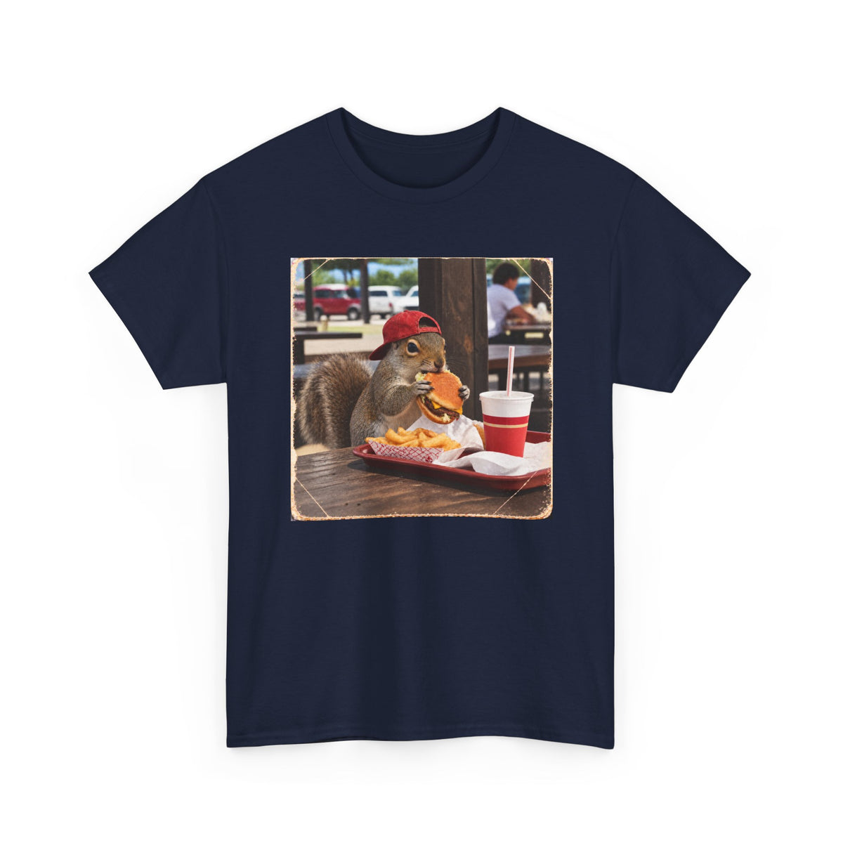 Squirrel Eating Burger T‑Shirt — Funny Animal Photo Tee