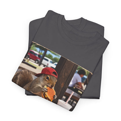 Squirrel Eating Burger T‑Shirt — Funny Animal Photo Tee
