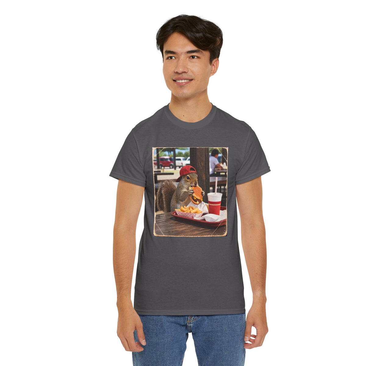 Squirrel Eating Burger T‑Shirt — Funny Animal Photo Tee