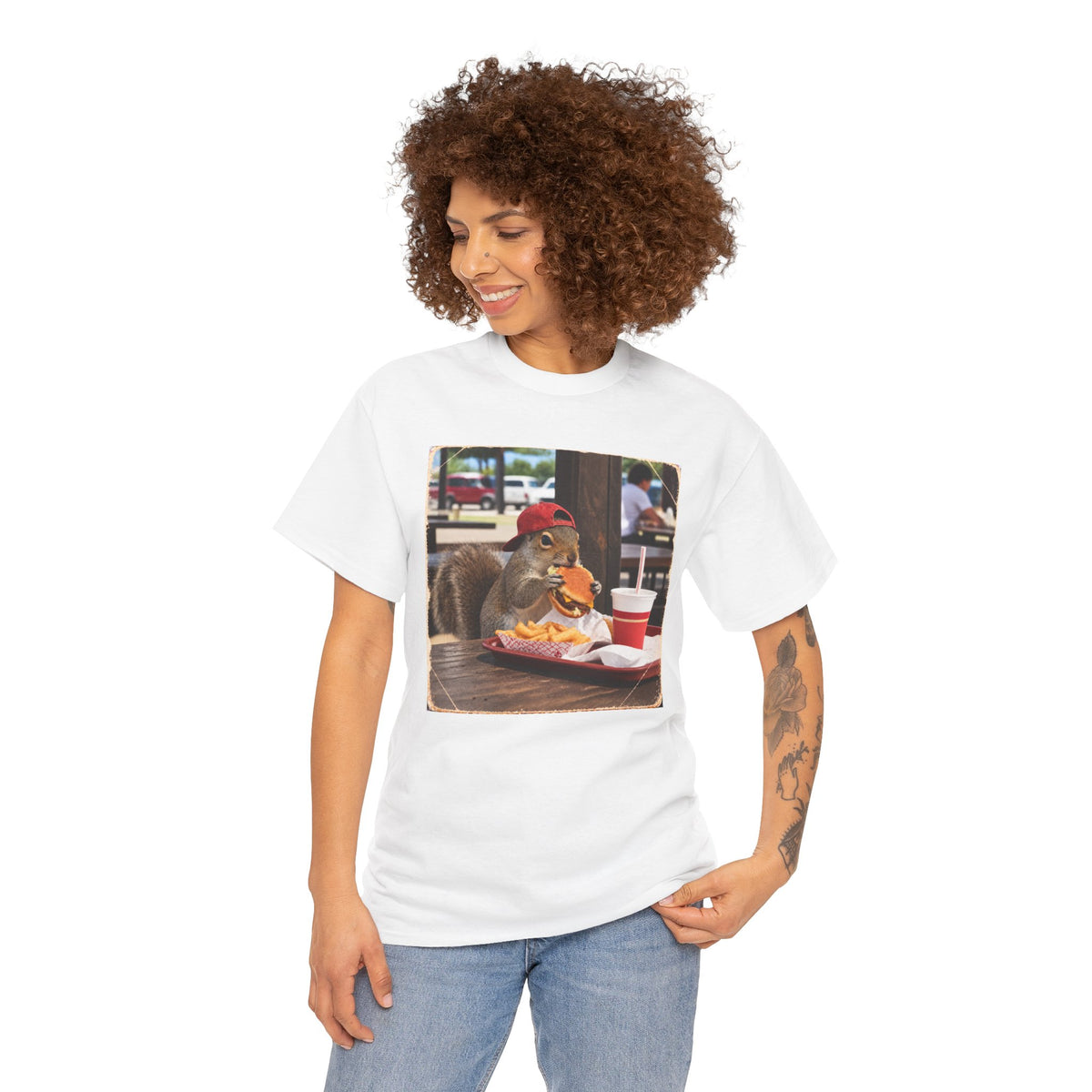 Squirrel Eating Burger T‑Shirt — Funny Animal Photo Tee