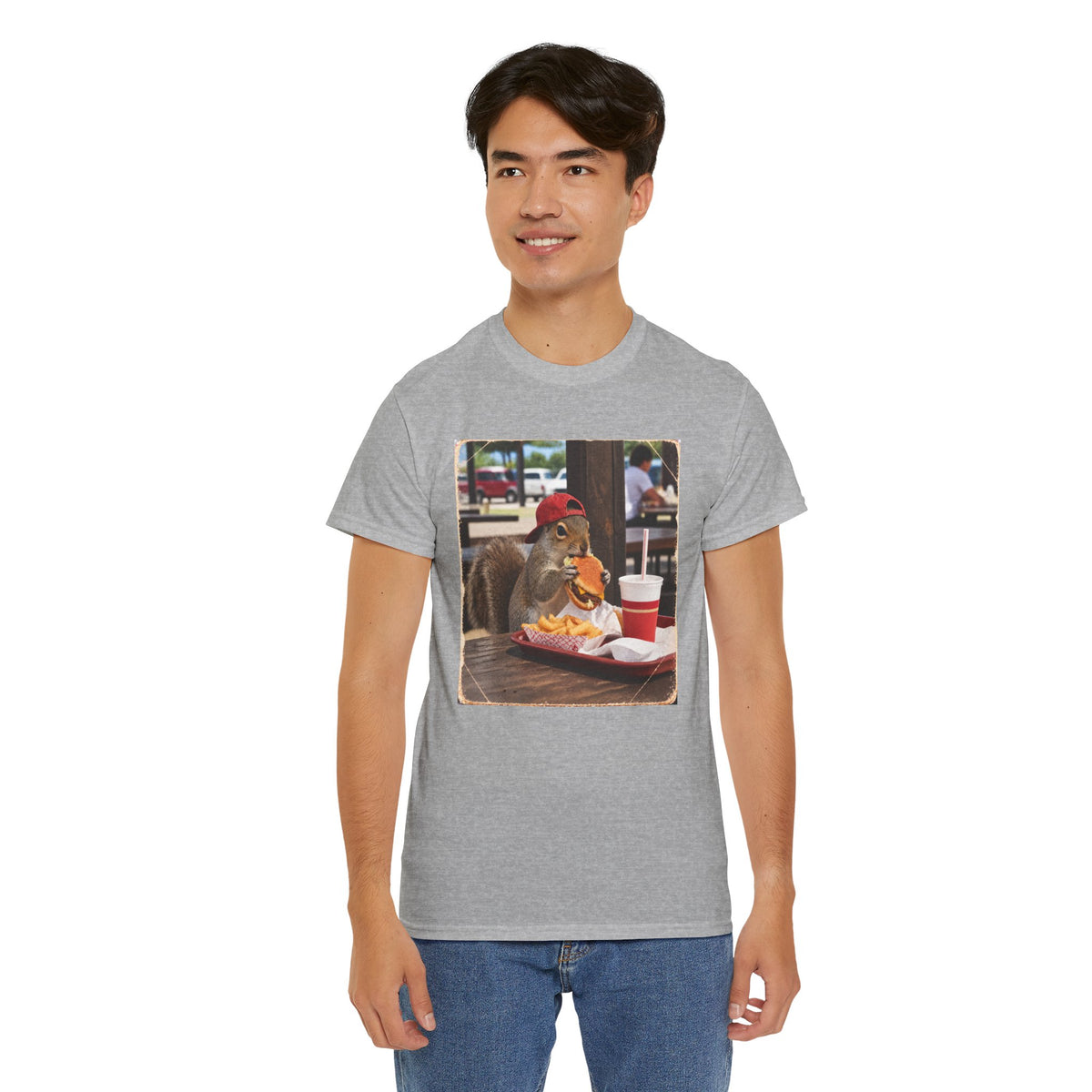 Squirrel Eating Burger T‑Shirt — Funny Animal Photo Tee