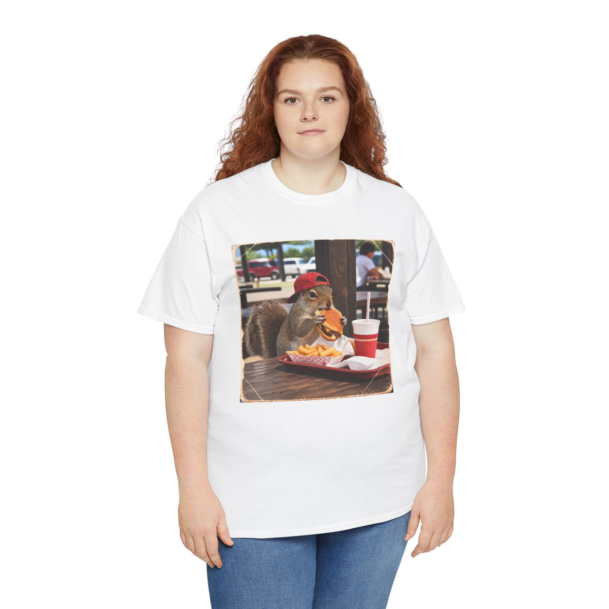 Squirrel Eating Burger T‑Shirt — Funny Animal Photo Tee