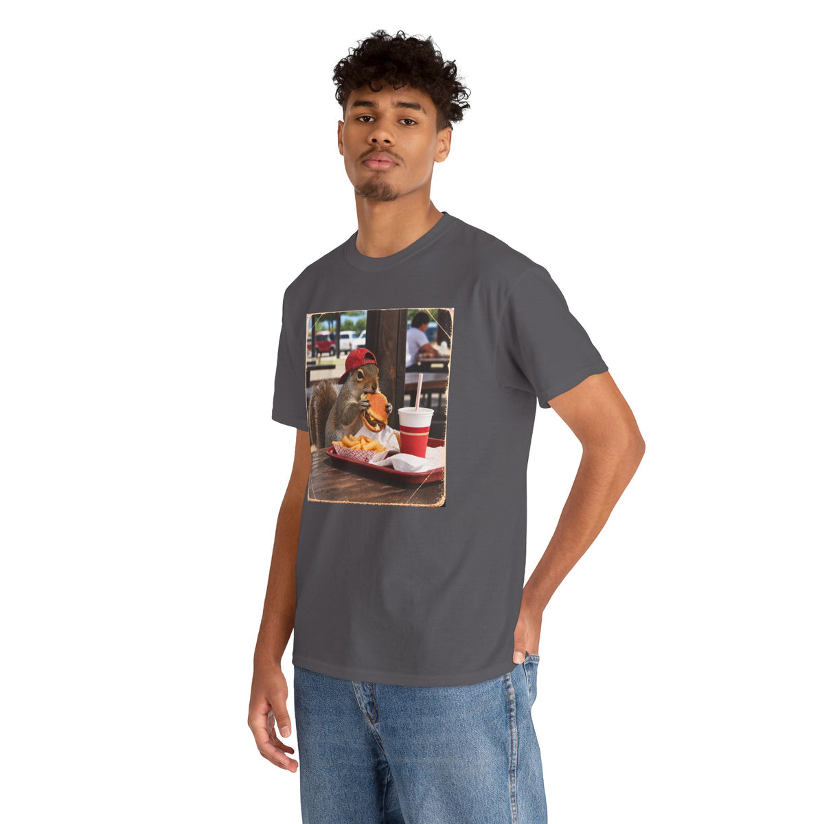 Squirrel Eating Burger T‑Shirt — Funny Animal Photo Tee