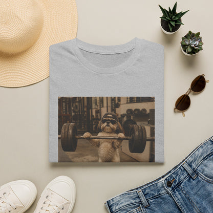 Strong Dog Lifting Barbell T-Shirt | Cute Gym Animal Graphic Tee
