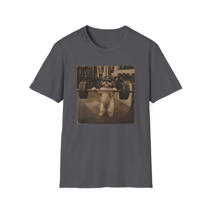 Strong Dog Lifting Barbell T-Shirt | Cute Gym Animal Graphic Tee