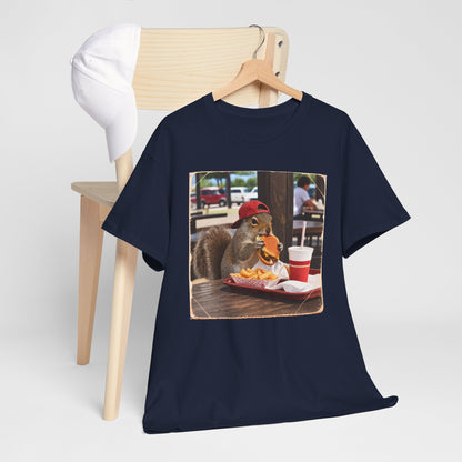 Squirrel Eating Burger T‑Shirt — Funny Animal Photo Tee