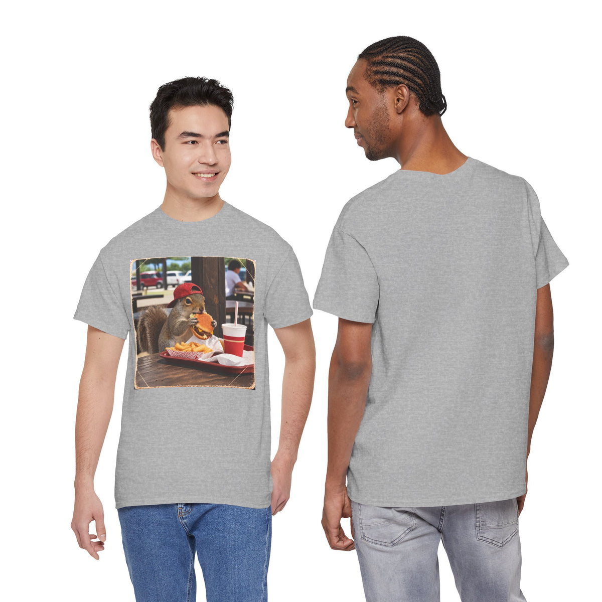 Squirrel Eating Burger T‑Shirt — Funny Animal Photo Tee