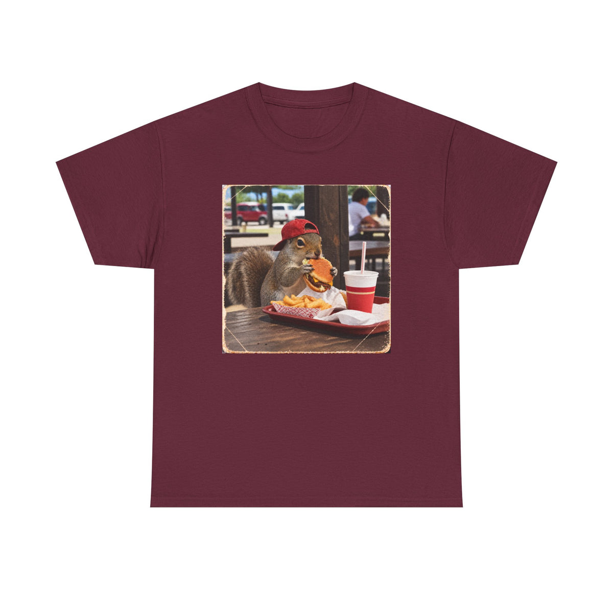 Squirrel Eating Burger T‑Shirt — Funny Animal Photo Tee