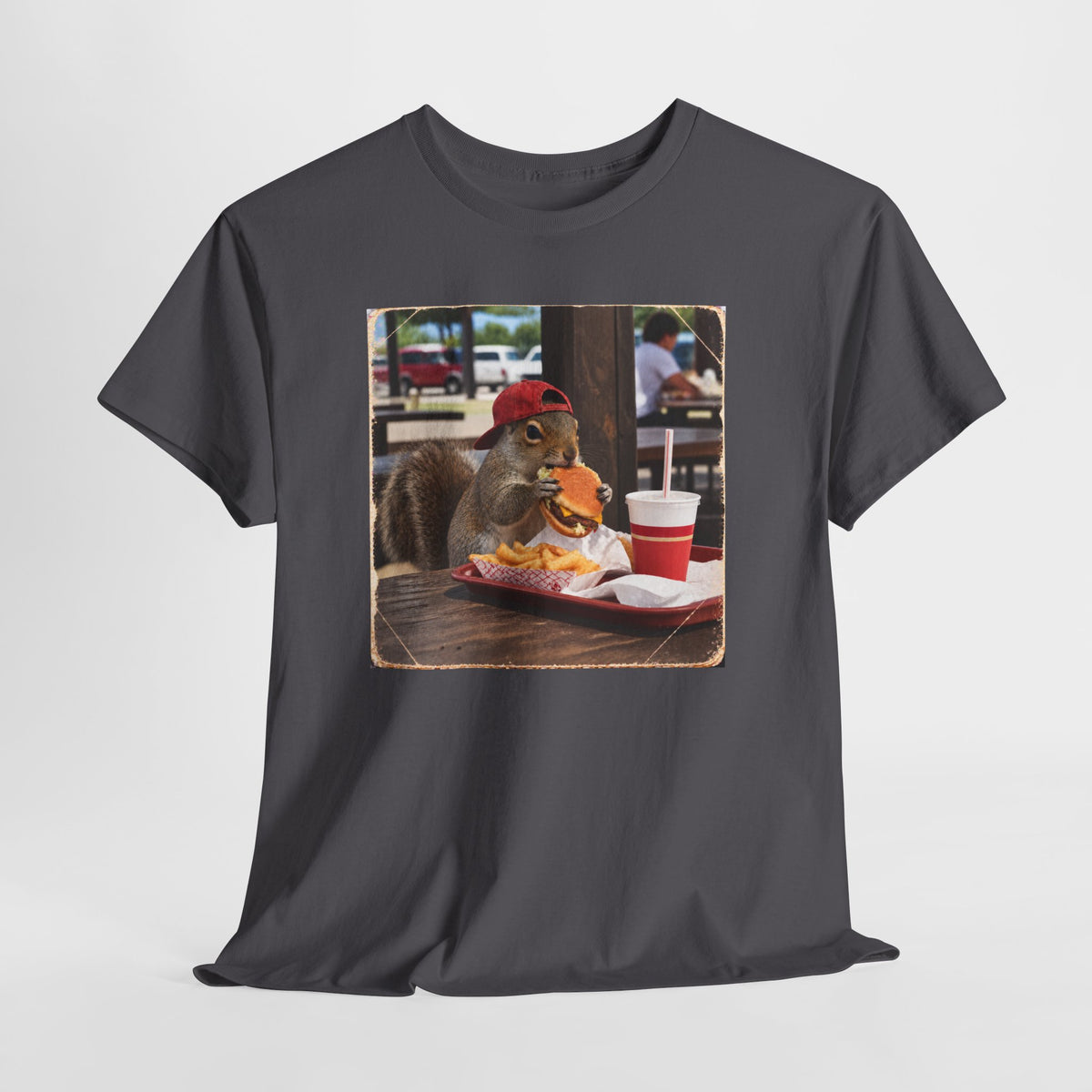 Squirrel Eating Burger T‑Shirt — Funny Animal Photo Tee