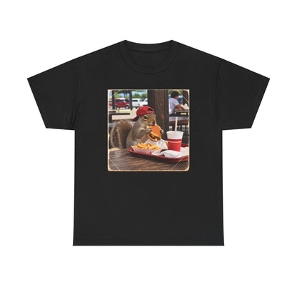 Squirrel Eating Burger T‑Shirt — Funny Animal Photo Tee