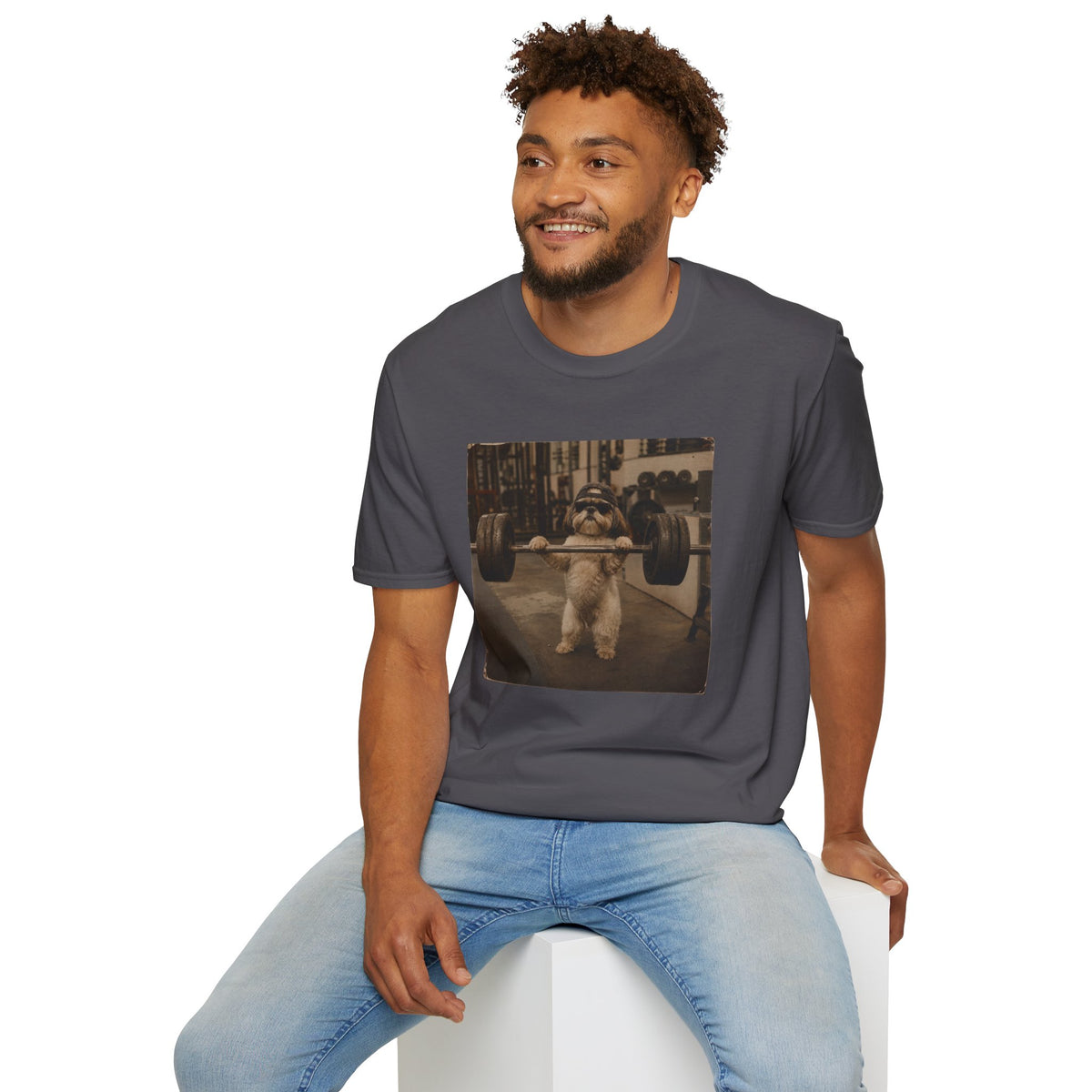 Strong Dog Lifting Barbell T-Shirt | Cute Gym Animal Graphic Tee