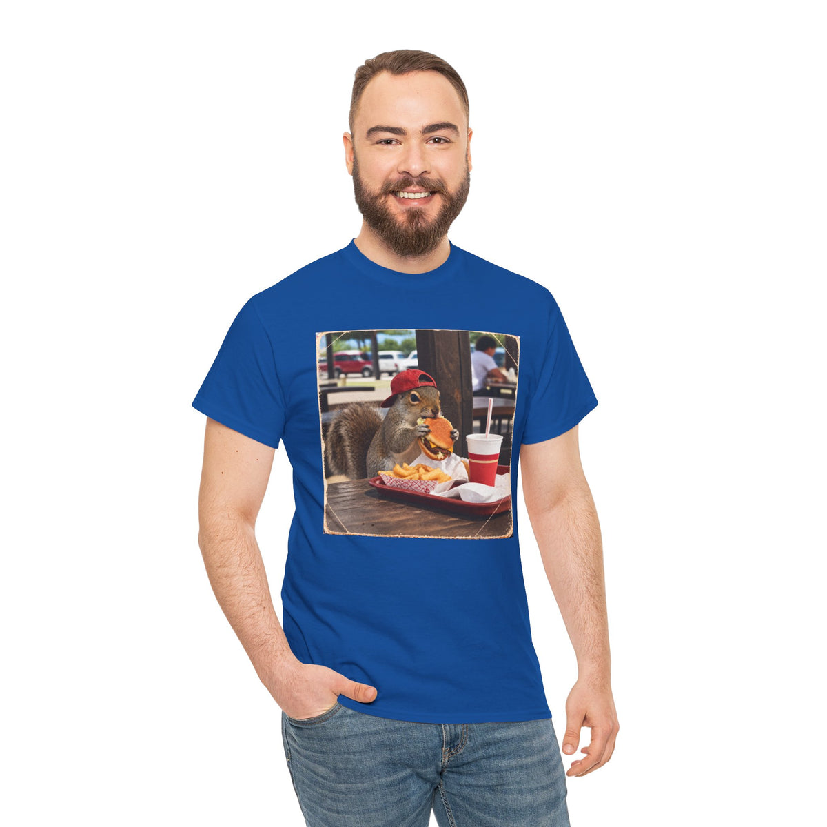 Squirrel Eating Burger T‑Shirt — Funny Animal Photo Tee