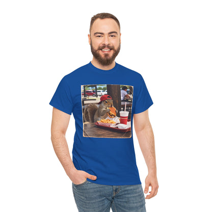 Squirrel Eating Burger T‑Shirt — Funny Animal Photo Tee