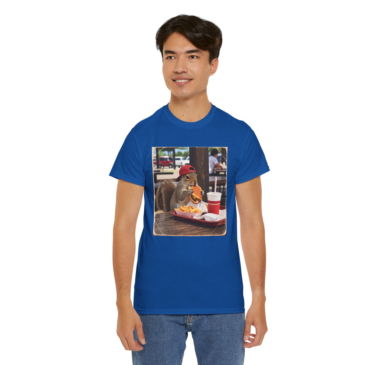 Squirrel Eating Burger T‑Shirt — Funny Animal Photo Tee