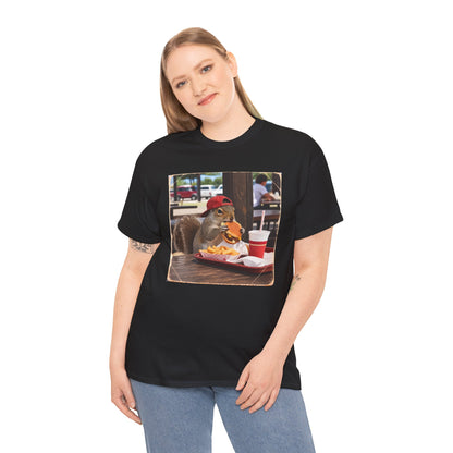 Squirrel Eating Burger T‑Shirt — Funny Animal Photo Tee