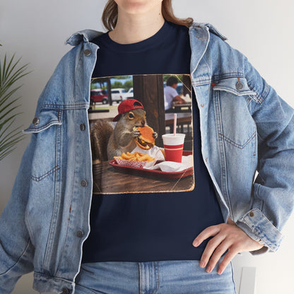 Squirrel Eating Burger T‑Shirt — Funny Animal Photo Tee