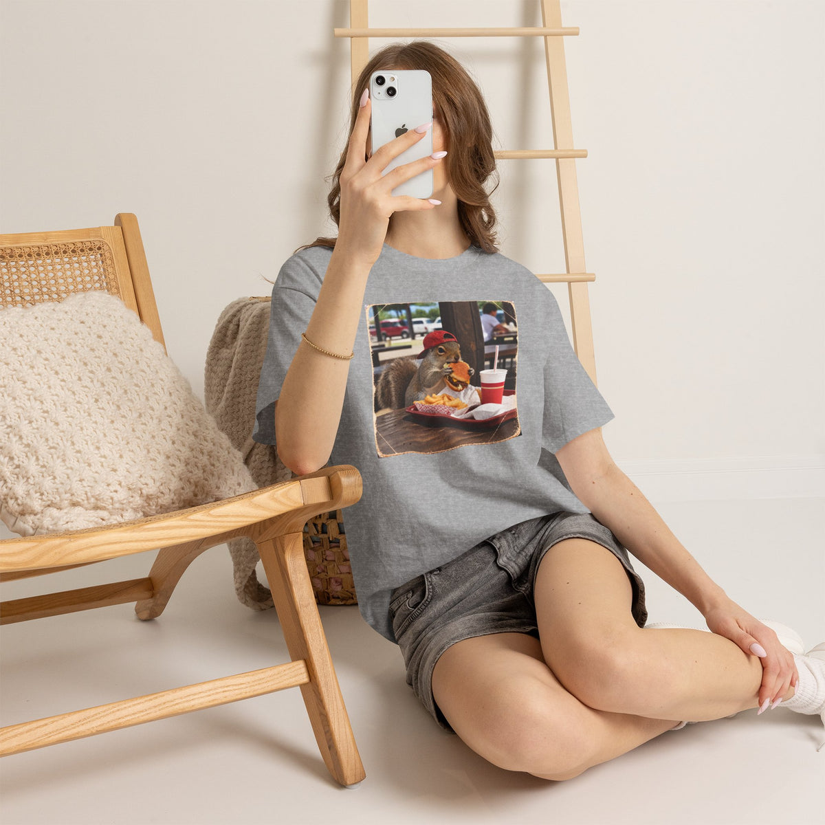 Squirrel Eating Burger T‑Shirt — Funny Animal Photo Tee