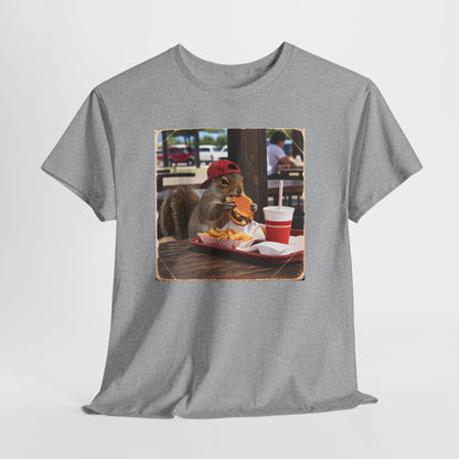 Squirrel Eating Burger T‑Shirt — Funny Animal Photo Tee