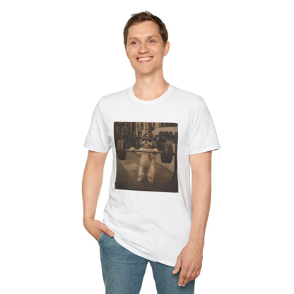Strong Dog Lifting Barbell T-Shirt | Cute Gym Animal Graphic Tee