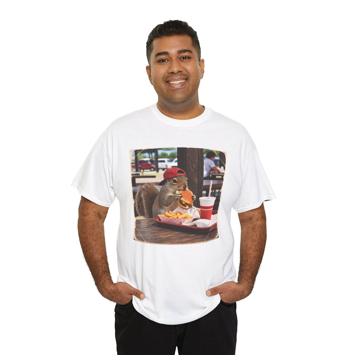 Squirrel Eating Burger T‑Shirt — Funny Animal Photo Tee