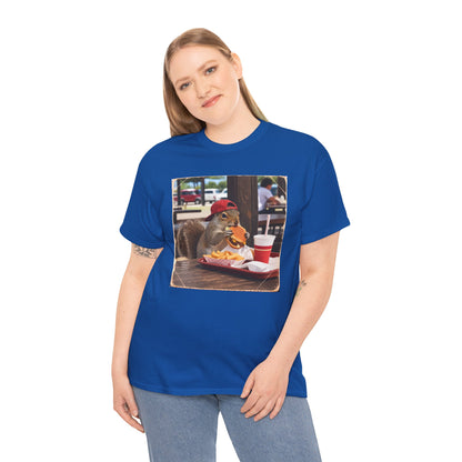 Squirrel Eating Burger T‑Shirt — Funny Animal Photo Tee
