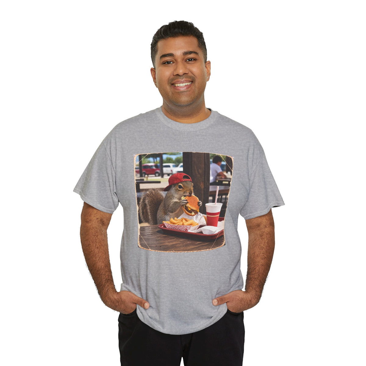Squirrel Eating Burger T‑Shirt — Funny Animal Photo Tee