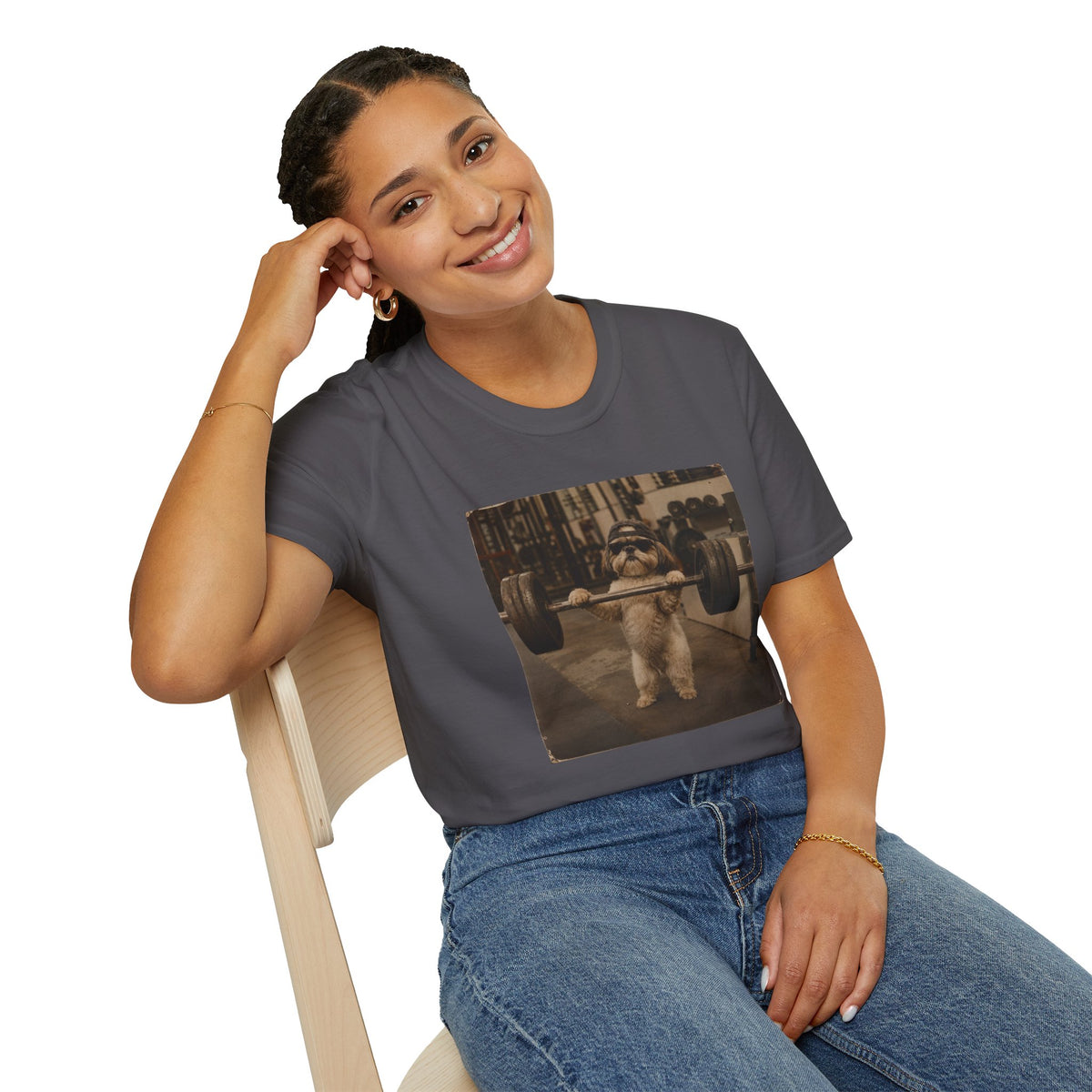 Strong Dog Lifting Barbell T-Shirt | Cute Gym Animal Graphic Tee