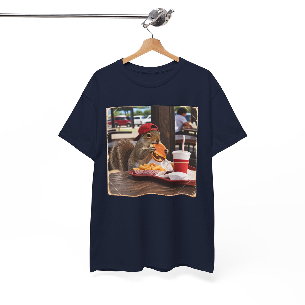 Squirrel Eating Burger T‑Shirt — Funny Animal Photo Tee