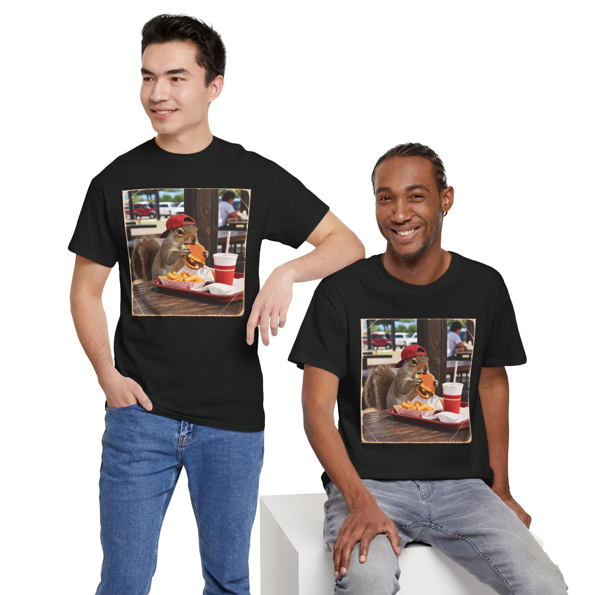 Squirrel Eating Burger T‑Shirt — Funny Animal Photo Tee
