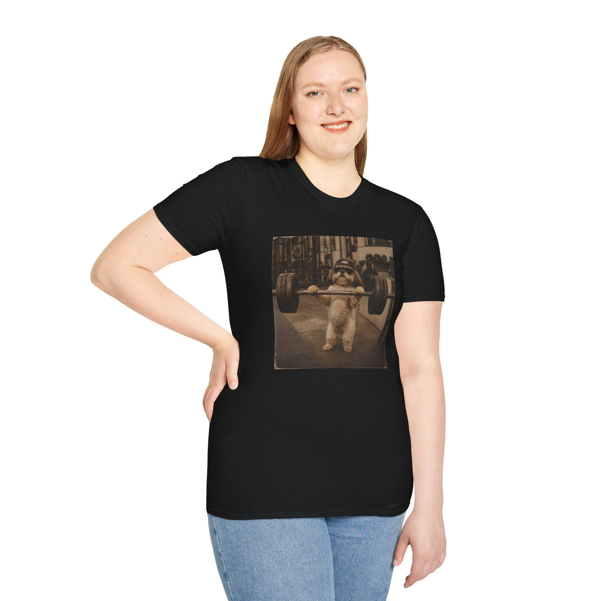 Strong Dog Lifting Barbell T-Shirt | Cute Gym Animal Graphic Tee