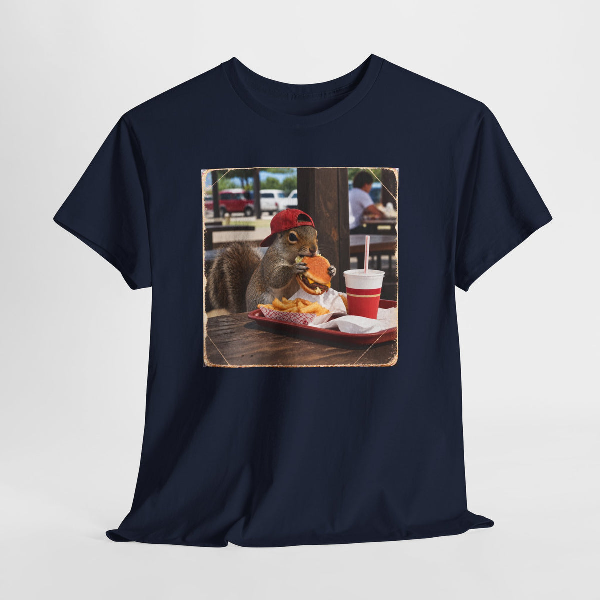 Squirrel Eating Burger T‑Shirt — Funny Animal Photo Tee