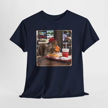 Squirrel Eating Burger T‑Shirt — Funny Animal Photo Tee