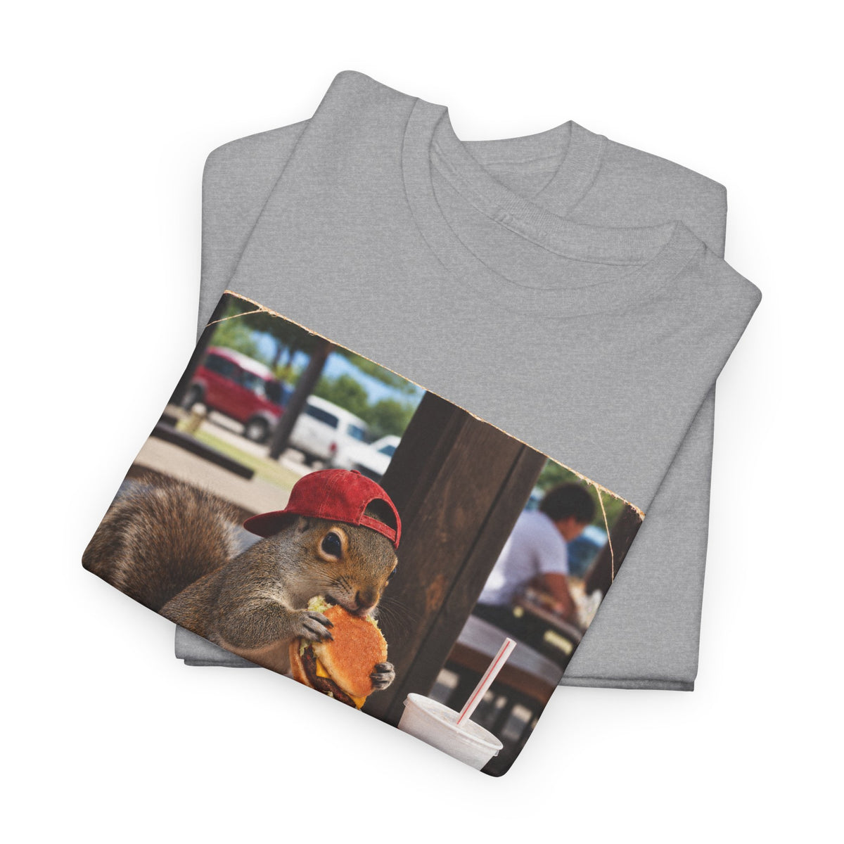 Squirrel Eating Burger T‑Shirt — Funny Animal Photo Tee